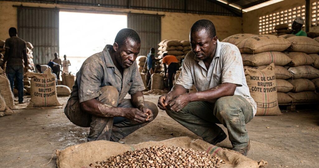 Exportateur et acheteur examinant un echantillon de noix de cajou brutes de Cote d ivoire