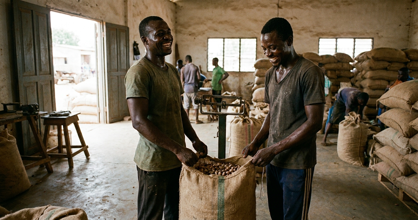 Ouvriers pesant et fermant des sacs de noix de cajou brutes avant exportation